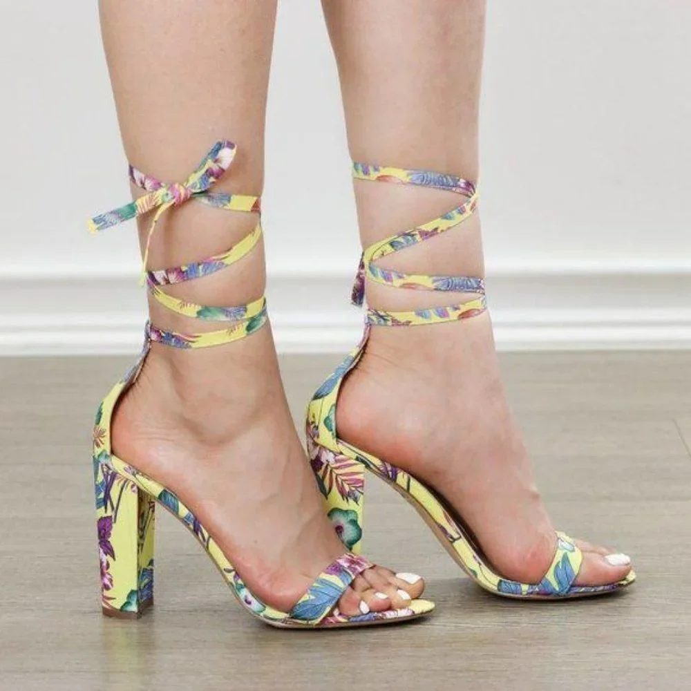 Yellow Floral Laced-Up Leg Tie, Ankle Strap Sandal - Picture 7 of 8